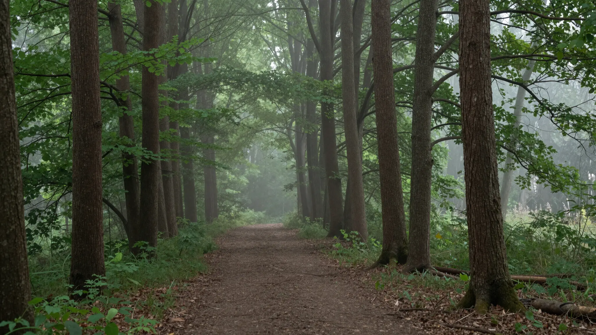 A misty woodland path winding between tall trees